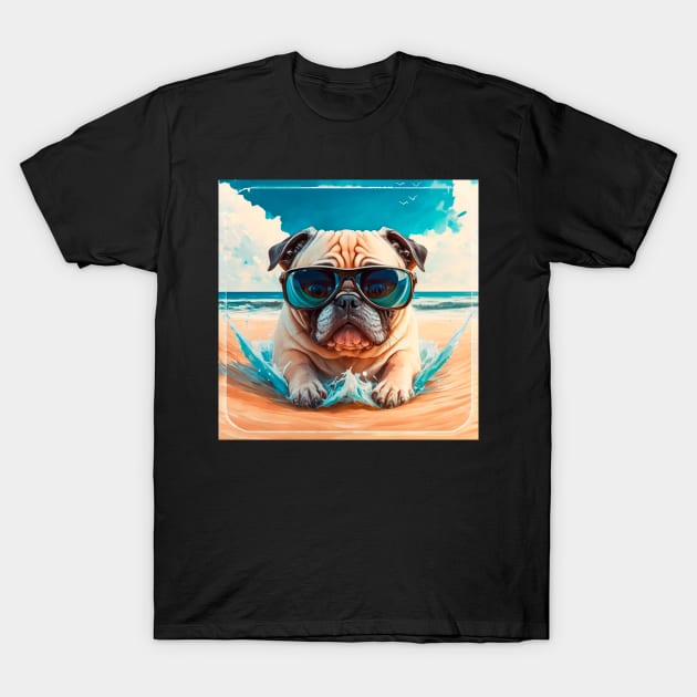 Pug on beach T-Shirt by Arassa Army